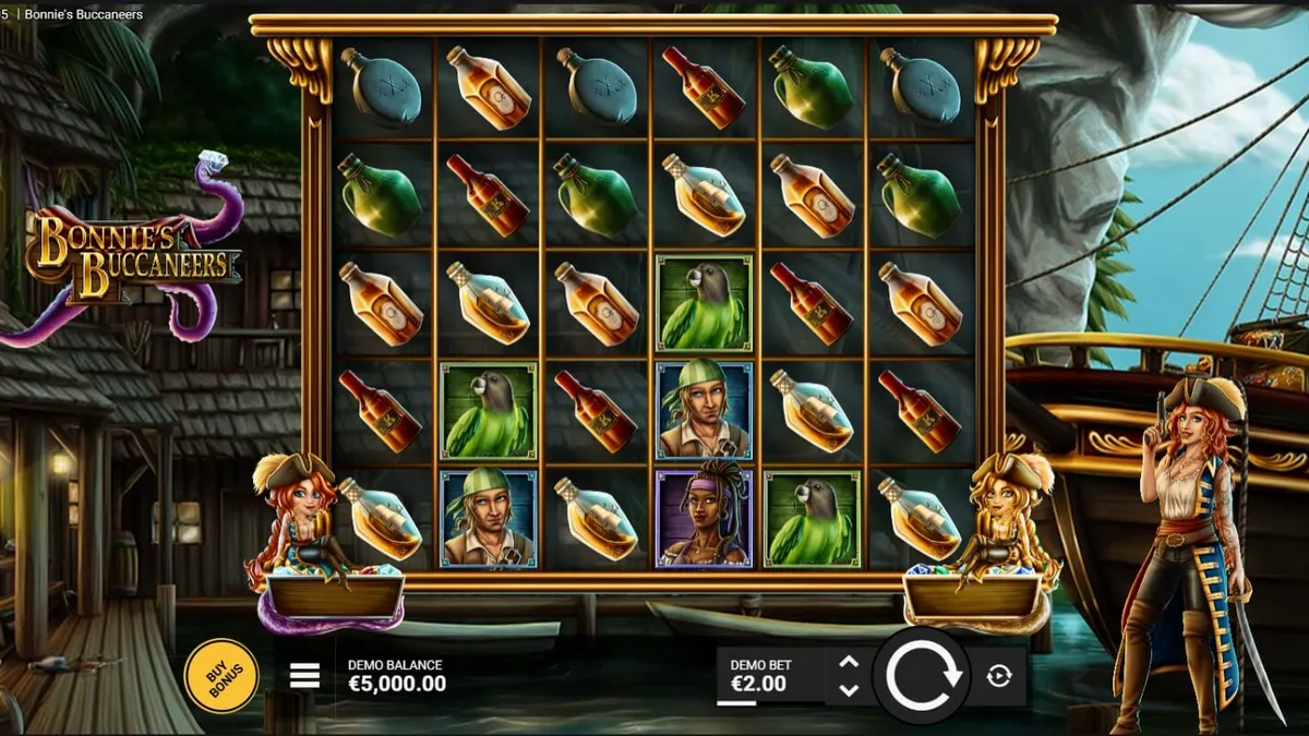 Tampilan visual slot Bonnie’s Buccaneers dengan tema bajak laut dan fitur multiplier vaults.