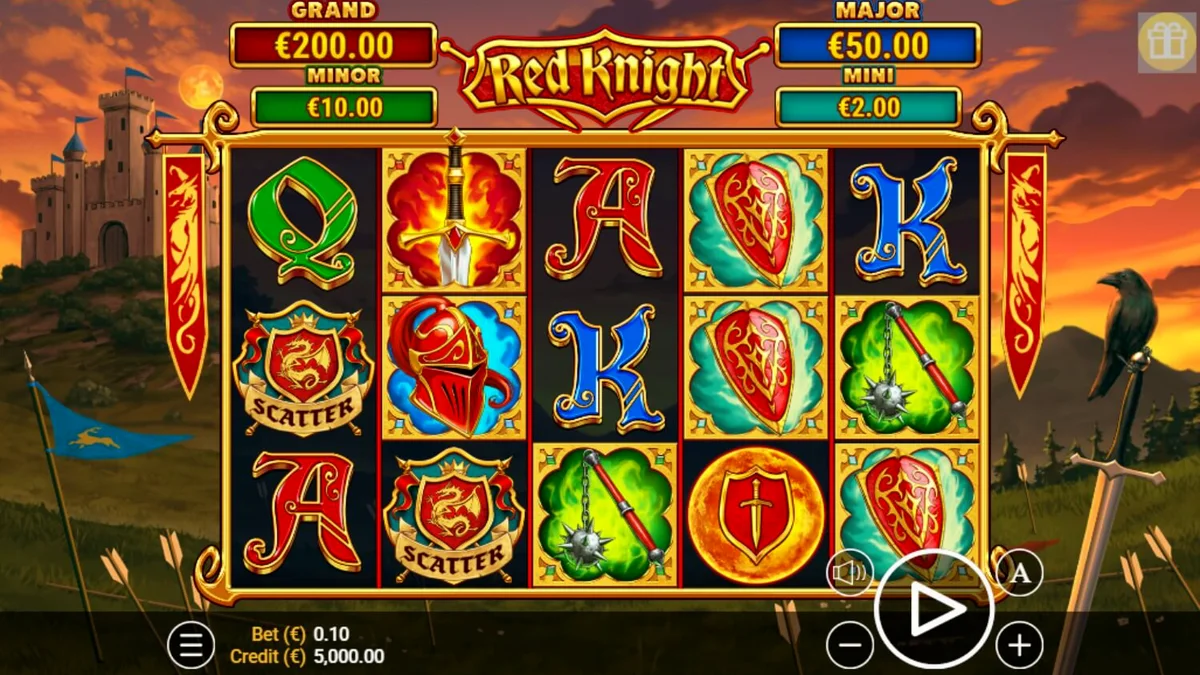 Tampilan visual slot Red Knight dengan latar belakang kastil dan simbol ksatria yang berapi-api.