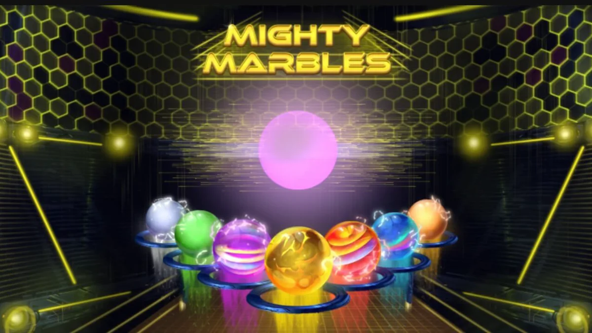 Tampilan visual slot Mighty Marbles dengan kelereng neon yang bercahaya