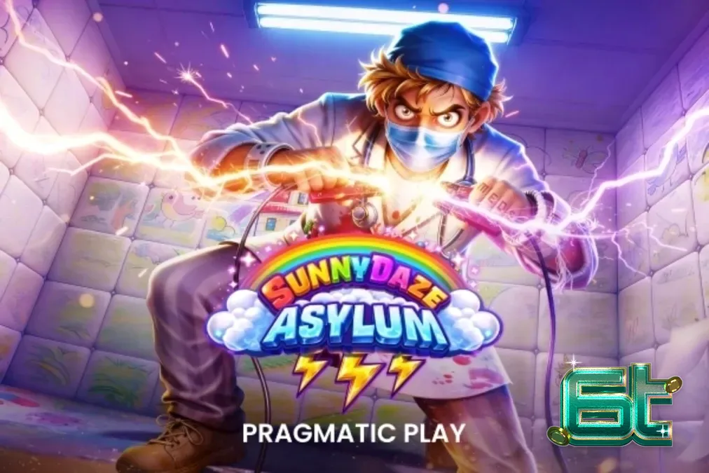 Tampilan visual slot Sunnydaze Asylum dengan tema neon dan institusi medis yang penuh warna